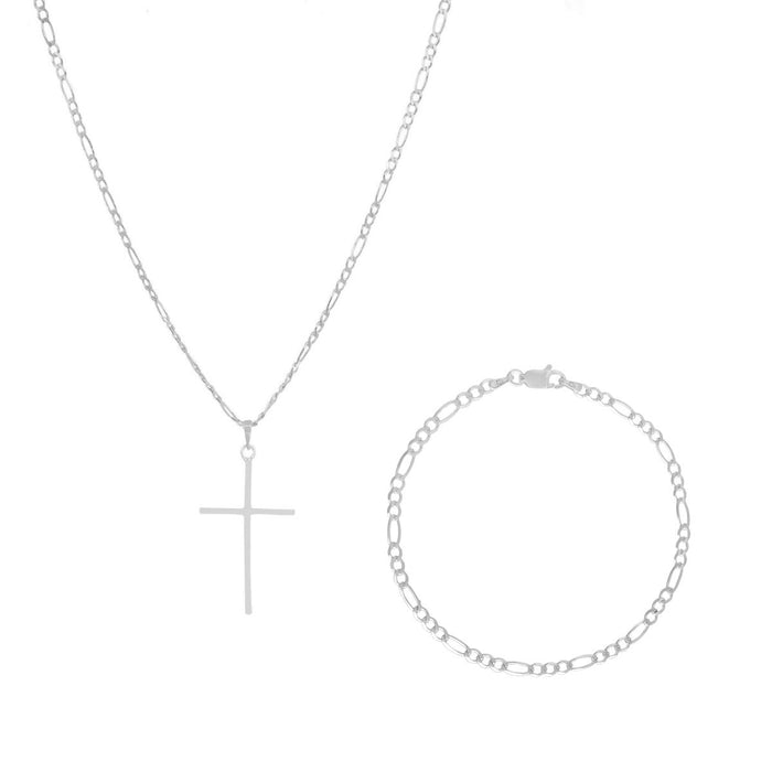 Conjunto Corrente E Pulseira Prata Italiana 925 Modelo 3x1 60cm + Crucifixo
