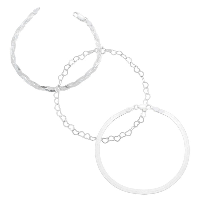 Conjunto De 3 Pulseiras Laminada Coração E 3 Fios Em Prata 925