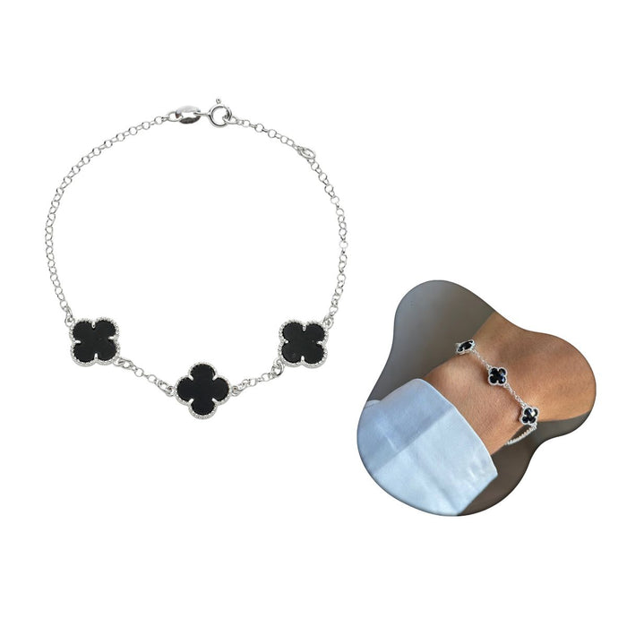 Pulseira 3 Trevos Em Prata 925 Legítima Folha Preta
