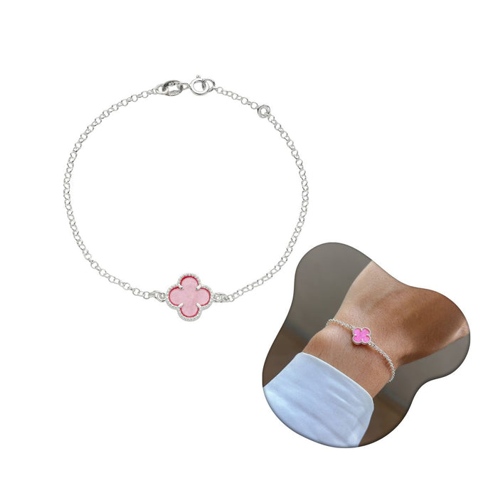 Pulseira Trevo Rosa Resina Em Prata 925 Legítima 18cm